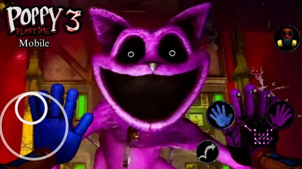Creepy purple cat from Poppy Playtime Chapter 3 APK with player hands, glowing arm.