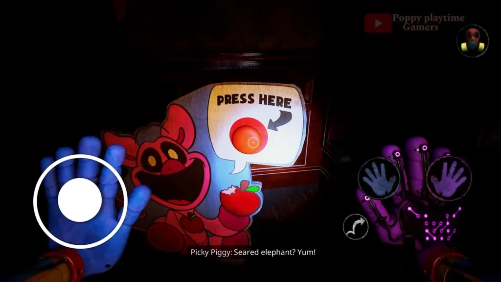 Game scene with Picky Piggy, PRESS HERE button, and glowing purple hands.