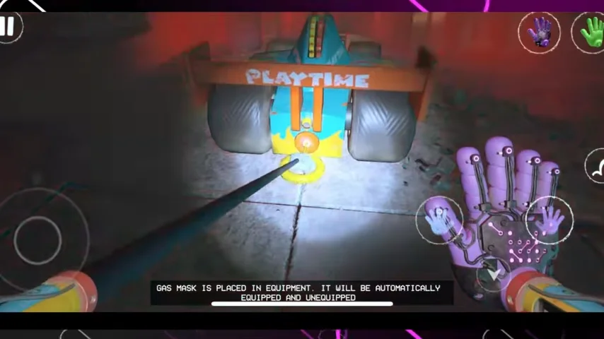 VR game scene with toy race car, gas mask gear, and purple glove.